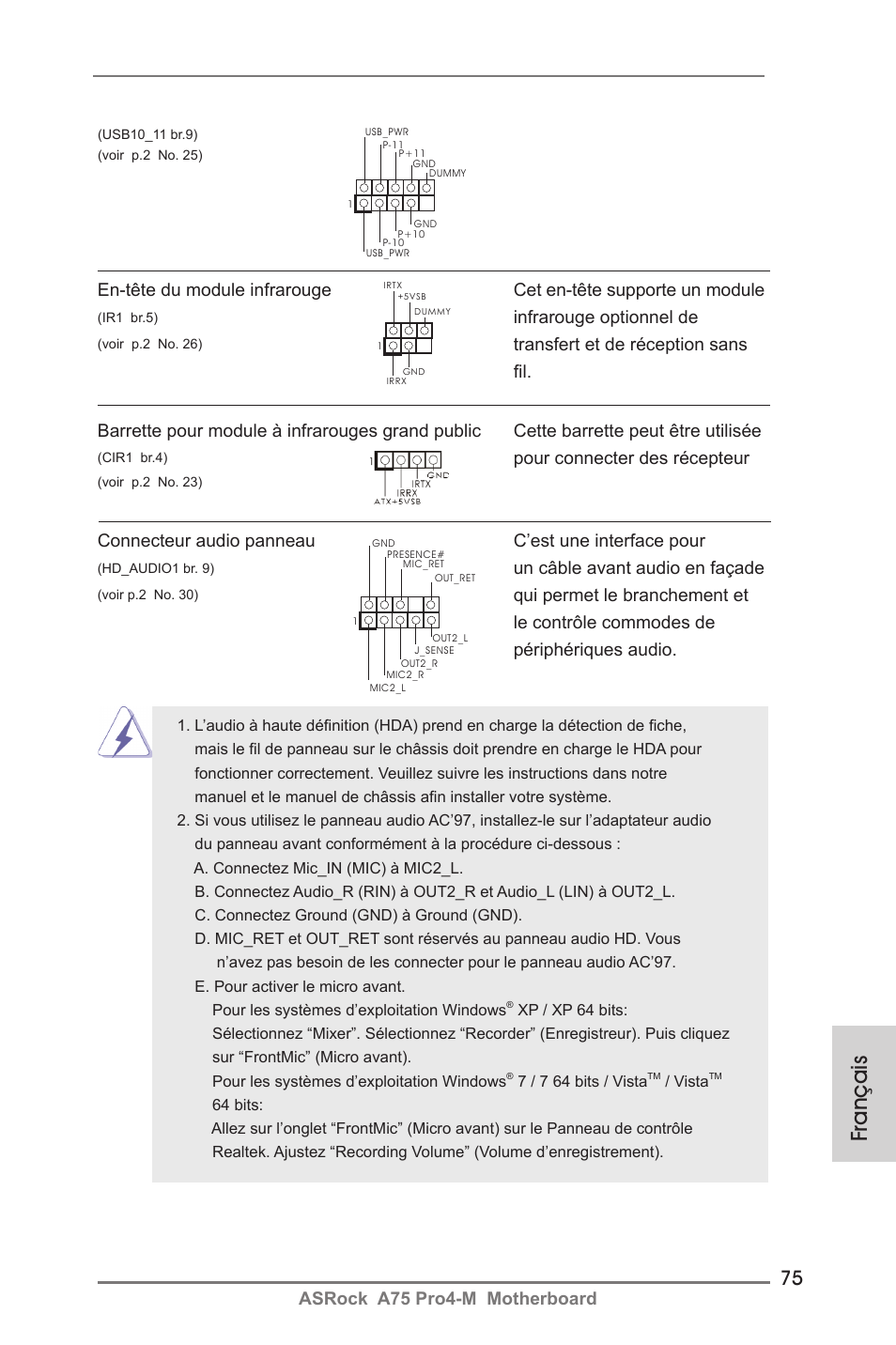 Français, Asrock a75 pro4-m motherboard, Infrarouge optionnel de | Un câble avant audio en façade, Pour connecter des récepteur | ASRock A75 Pro4-M User Manual | Page 75 / 260