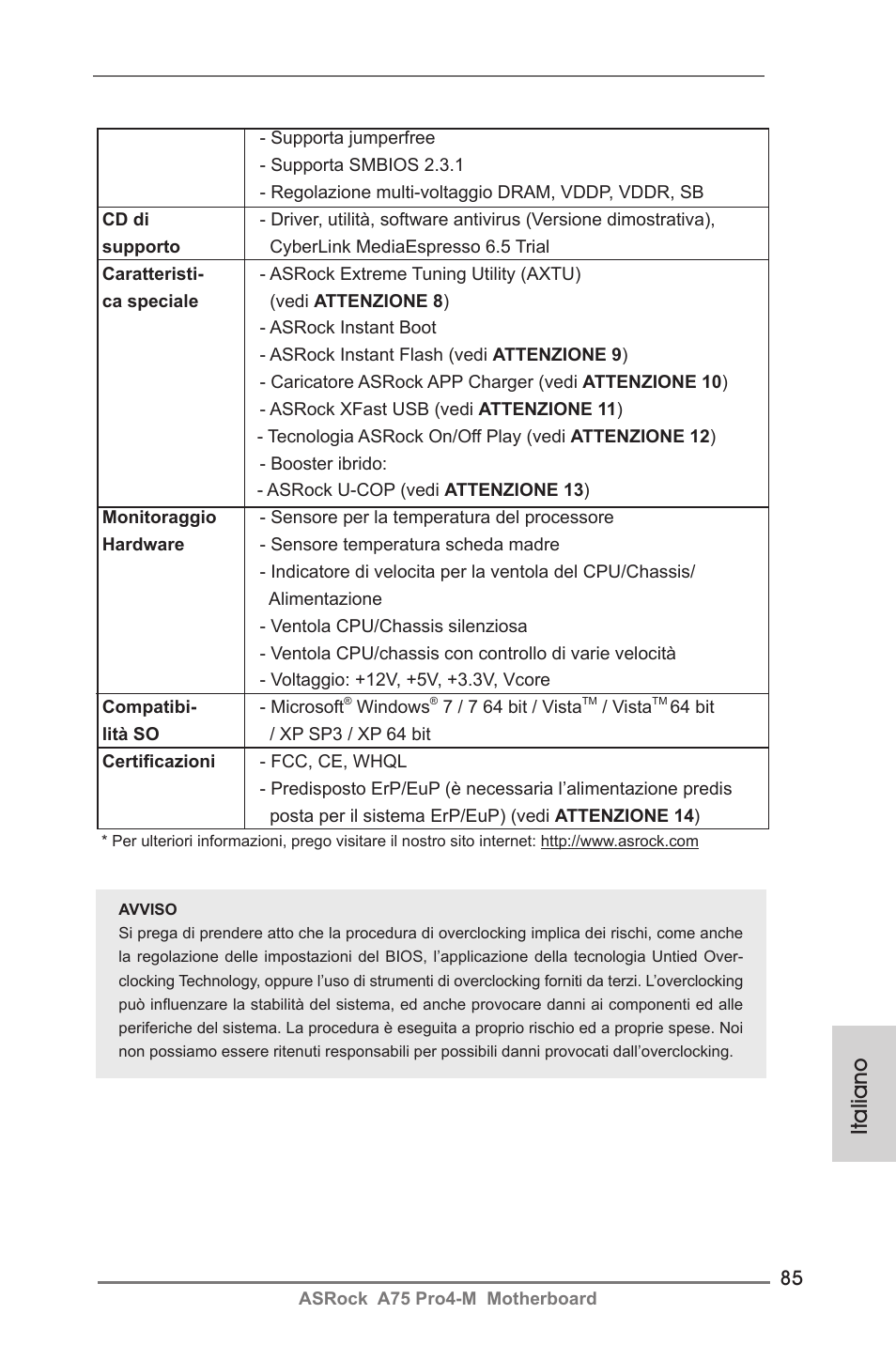 Italiano | ASRock A75 Pro4-M User Manual | Page 85 / 260