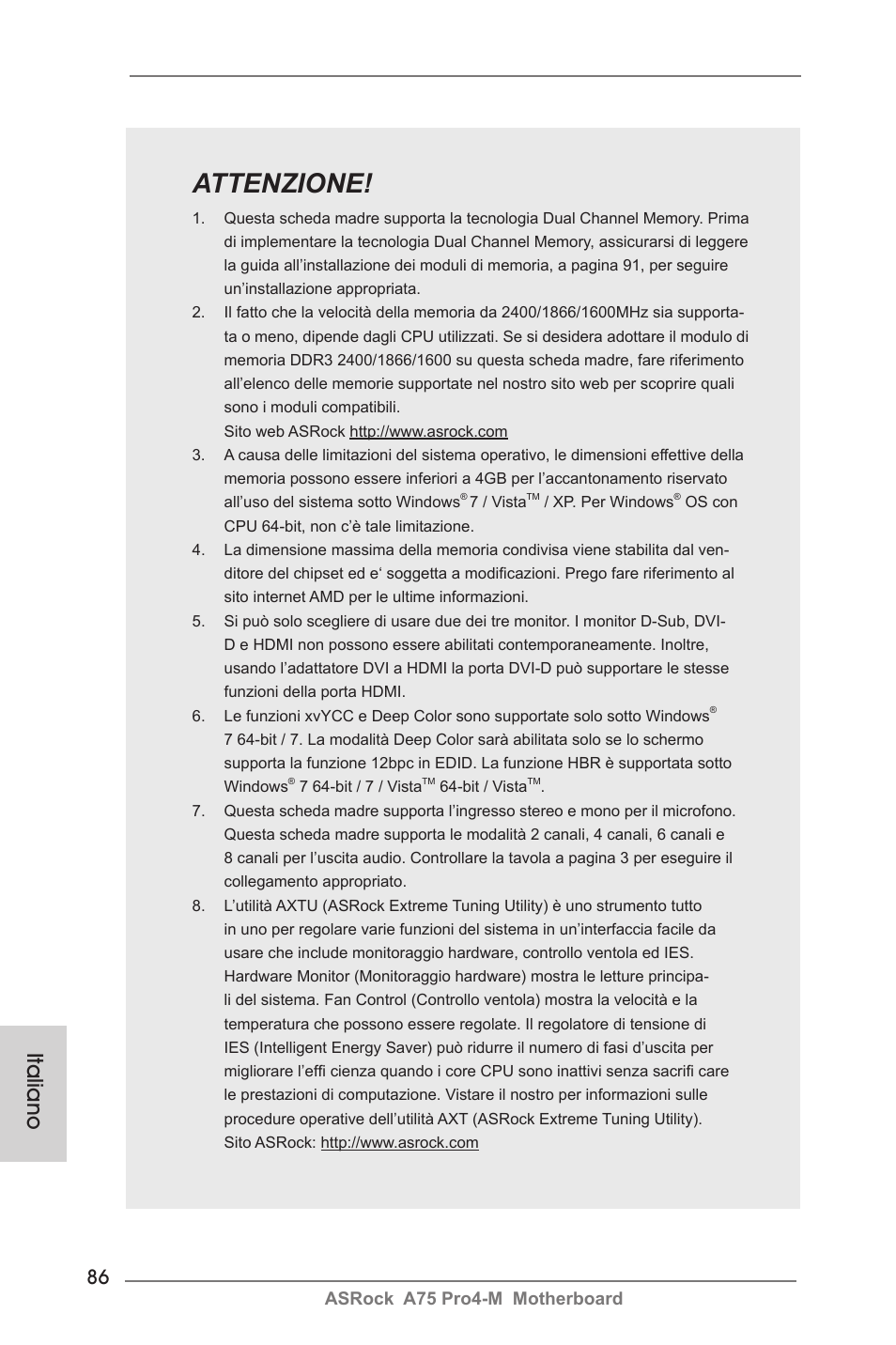 Attenzione, Italiano | ASRock A75 Pro4-M User Manual | Page 86 / 260