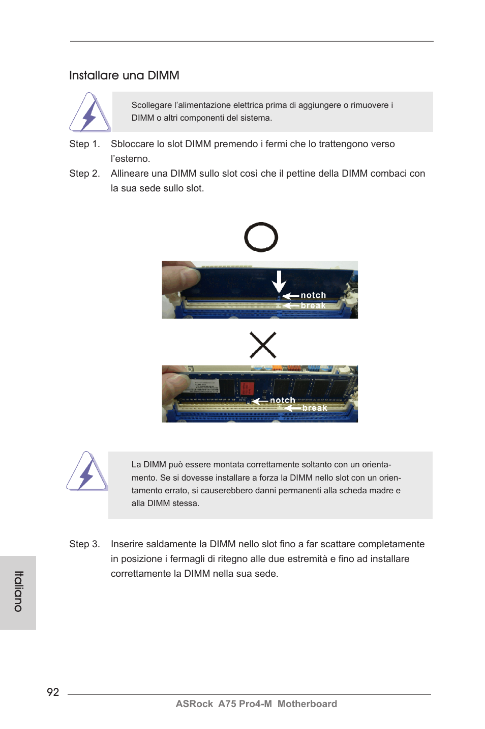 Italiano installare una dimm | ASRock A75 Pro4-M User Manual | Page 92 / 260