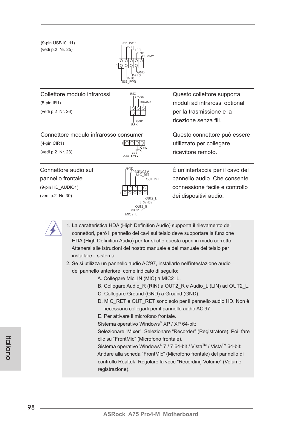 Italiano, Asrock a75 pro4-m motherboard, Connessione facile e controllo | Dei dispositivi audio, Utilizzato per collegare, Moduli ad infrarossi optional, Per la trasmissione e la ricezione senza fili | ASRock A75 Pro4-M User Manual | Page 98 / 260