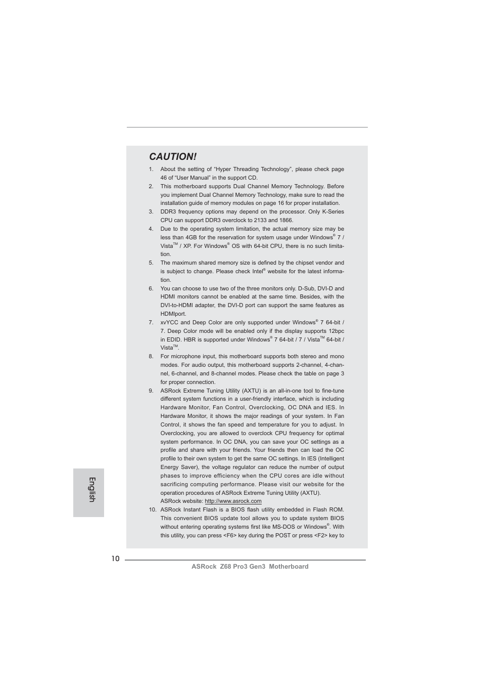 Caution, English | ASRock Z68 Pro3 Gen3 User Manual | Page 10 / 191