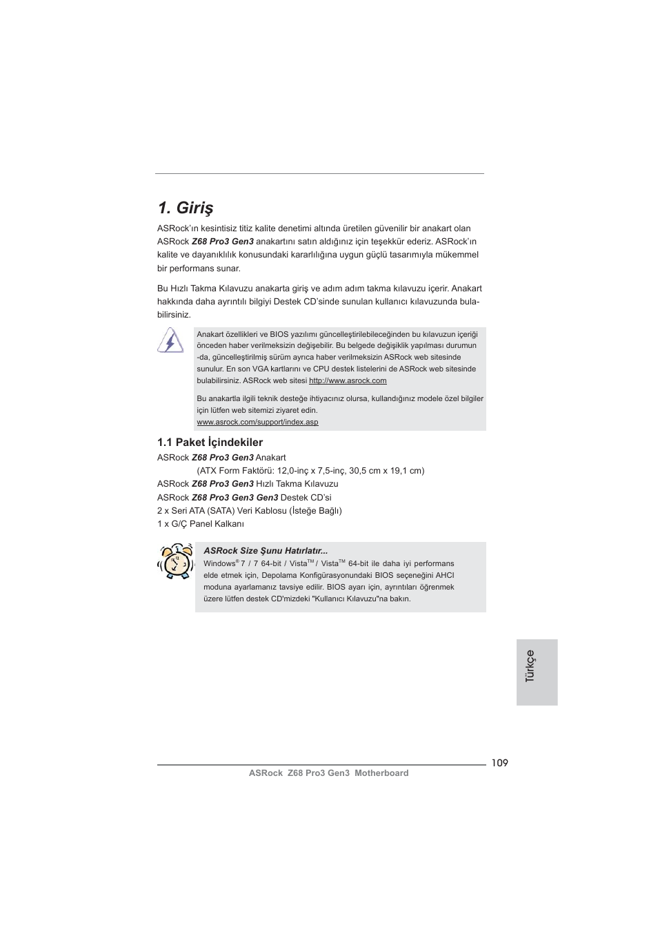 Turkish, Giriş | ASRock Z68 Pro3 Gen3 User Manual | Page 109 / 191