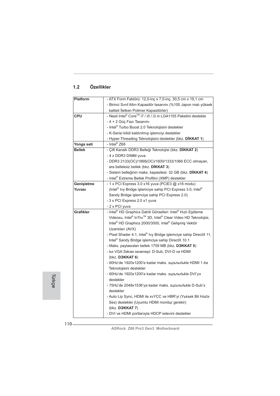 2 özellikler, Türkçe | ASRock Z68 Pro3 Gen3 User Manual | Page 110 / 191
