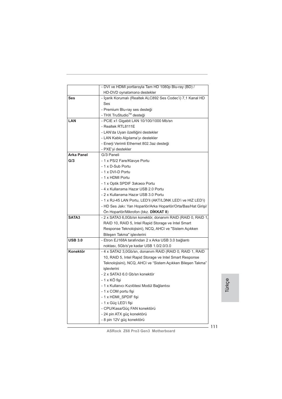 Türkçe | ASRock Z68 Pro3 Gen3 User Manual | Page 111 / 191