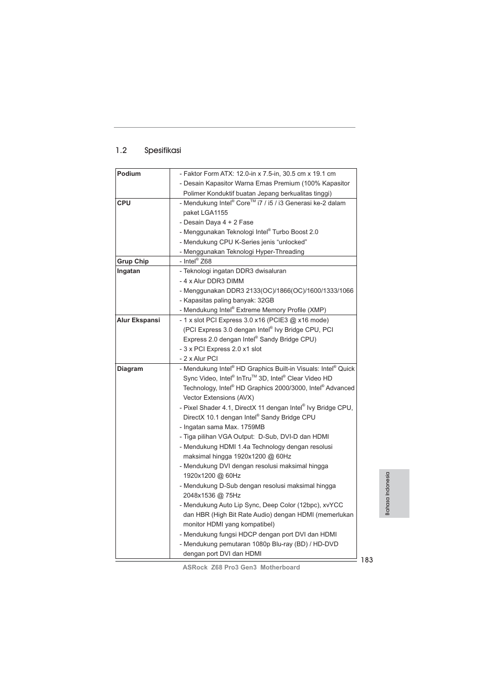 2 spesifikasi | ASRock Z68 Pro3 Gen3 User Manual | Page 183 / 191