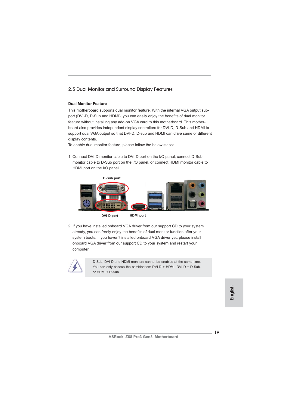 English, 5 dual monitor and surround display features | ASRock Z68 Pro3 Gen3 User Manual | Page 19 / 191