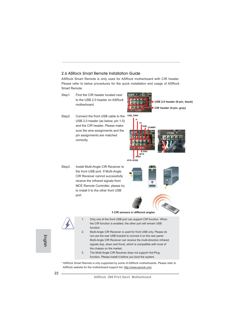 English, 6 asrock smart remote installation guide | ASRock Z68 Pro3 Gen3 User Manual | Page 22 / 191