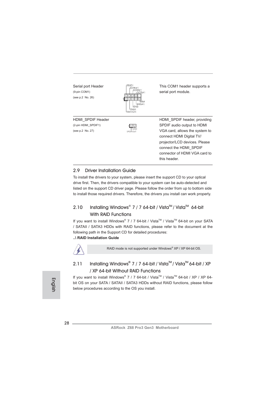 English, 9 driver installation guide, 10 installing windows | 7 / 7 64-bit / vista, Vista, Bit with raid functions, 11 installing windows, Bit / xp / xp 64-bit without raid functions | ASRock Z68 Pro3 Gen3 User Manual | Page 28 / 191