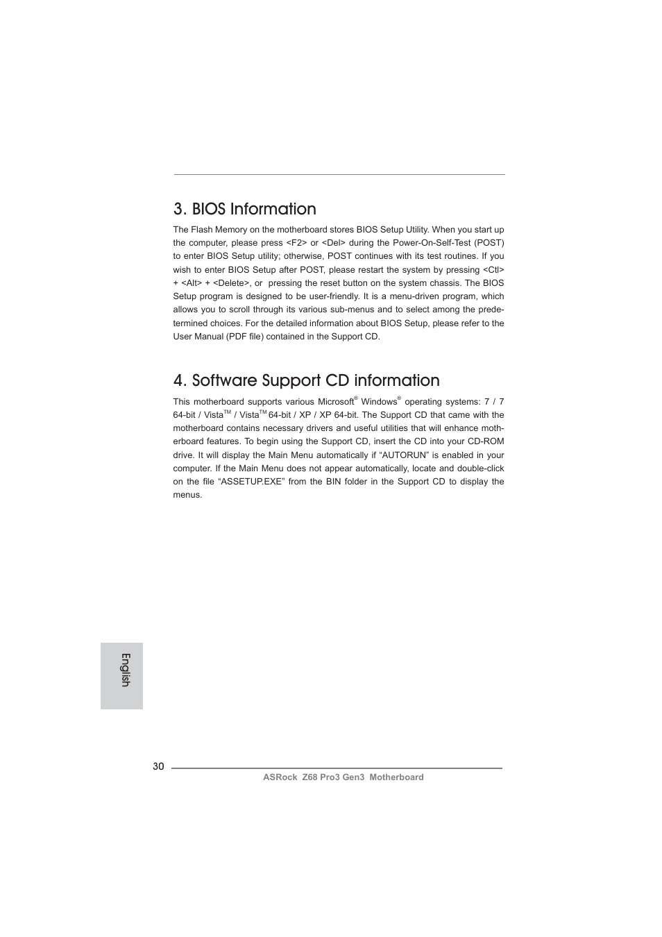Bios information, Software support cd information, English | ASRock Z68 Pro3 Gen3 User Manual | Page 30 / 191