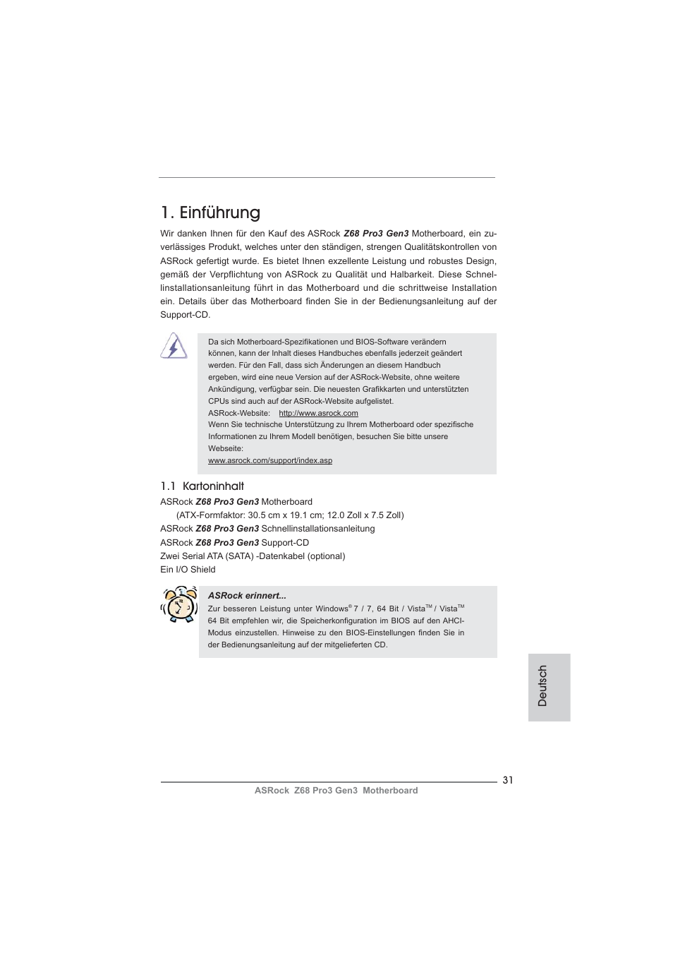 German, Einführung, Deutsch | 1 kartoninhalt | ASRock Z68 Pro3 Gen3 User Manual | Page 31 / 191