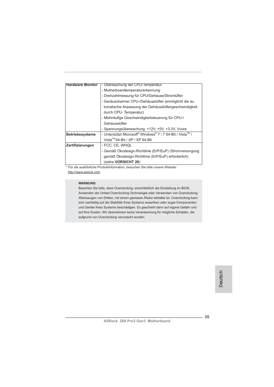 Deutsch | ASRock Z68 Pro3 Gen3 User Manual | Page 35 / 191