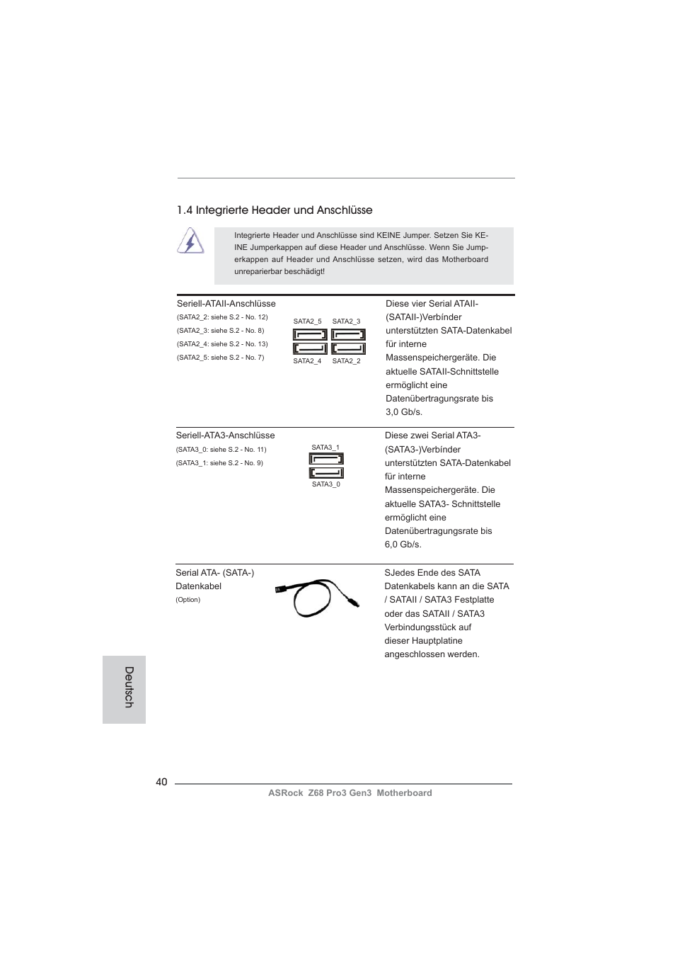 Deutsch, 4 integrierte header und anschlüsse | ASRock Z68 Pro3 Gen3 User Manual | Page 40 / 191