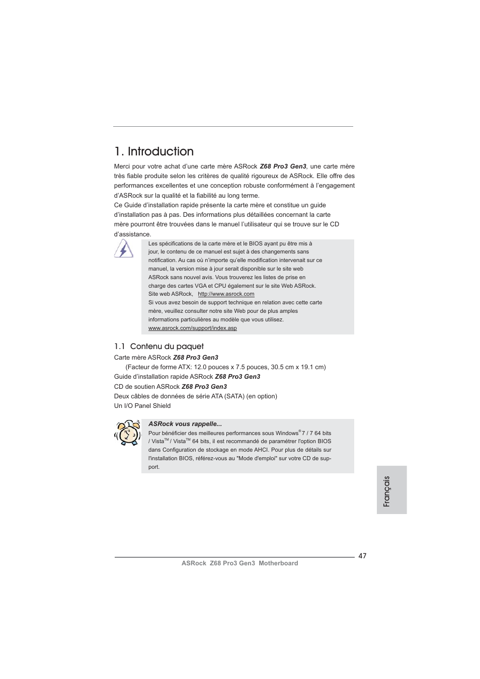 French, Introduction, 1 contenu du paquet | Français | ASRock Z68 Pro3 Gen3 User Manual | Page 47 / 191