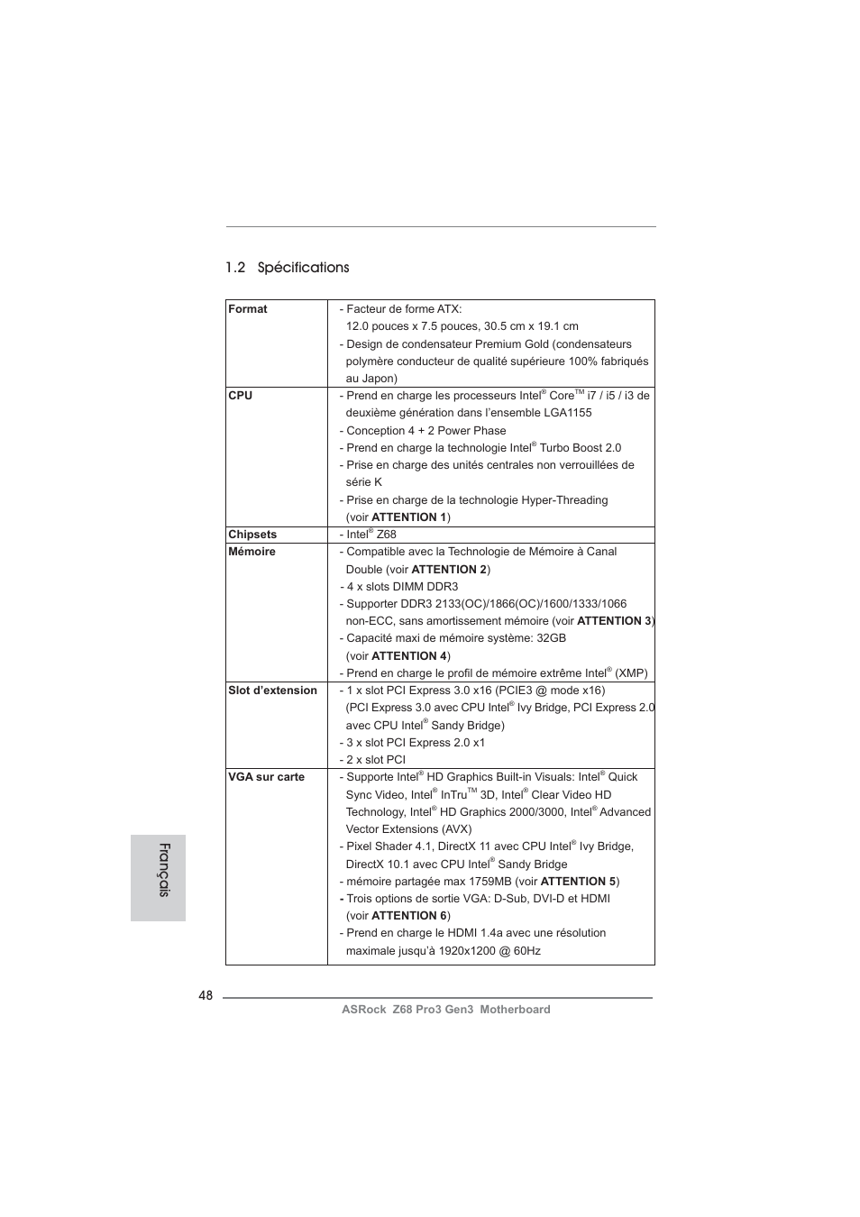 Français 1.2 spécifications | ASRock Z68 Pro3 Gen3 User Manual | Page 48 / 191