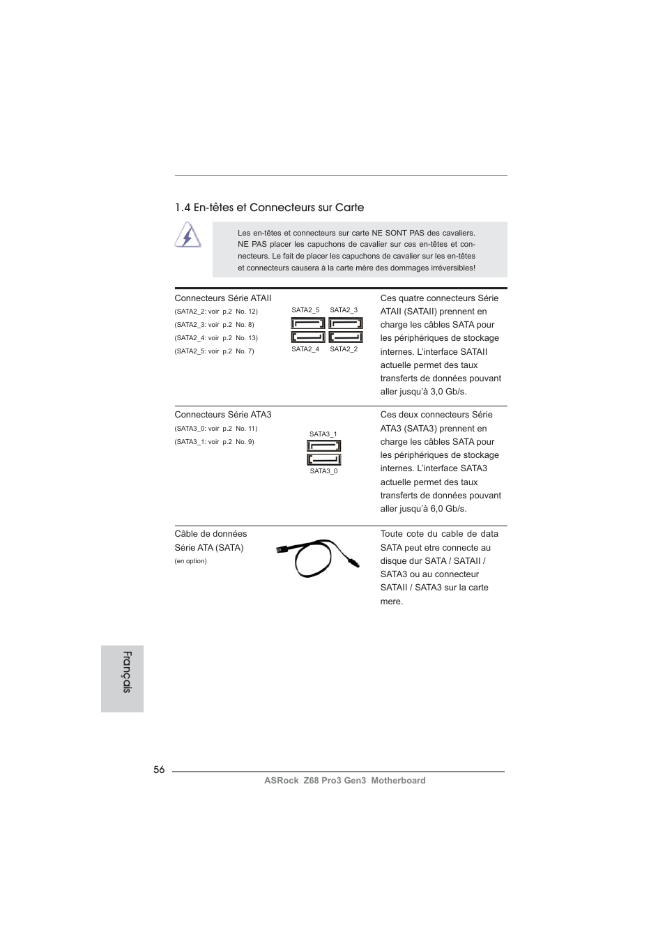 Français, 4 en-têtes et connecteurs sur carte | ASRock Z68 Pro3 Gen3 User Manual | Page 56 / 191