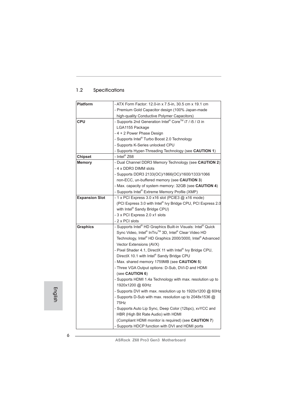 English 1.2 specifications | ASRock Z68 Pro3 Gen3 User Manual | Page 6 / 191