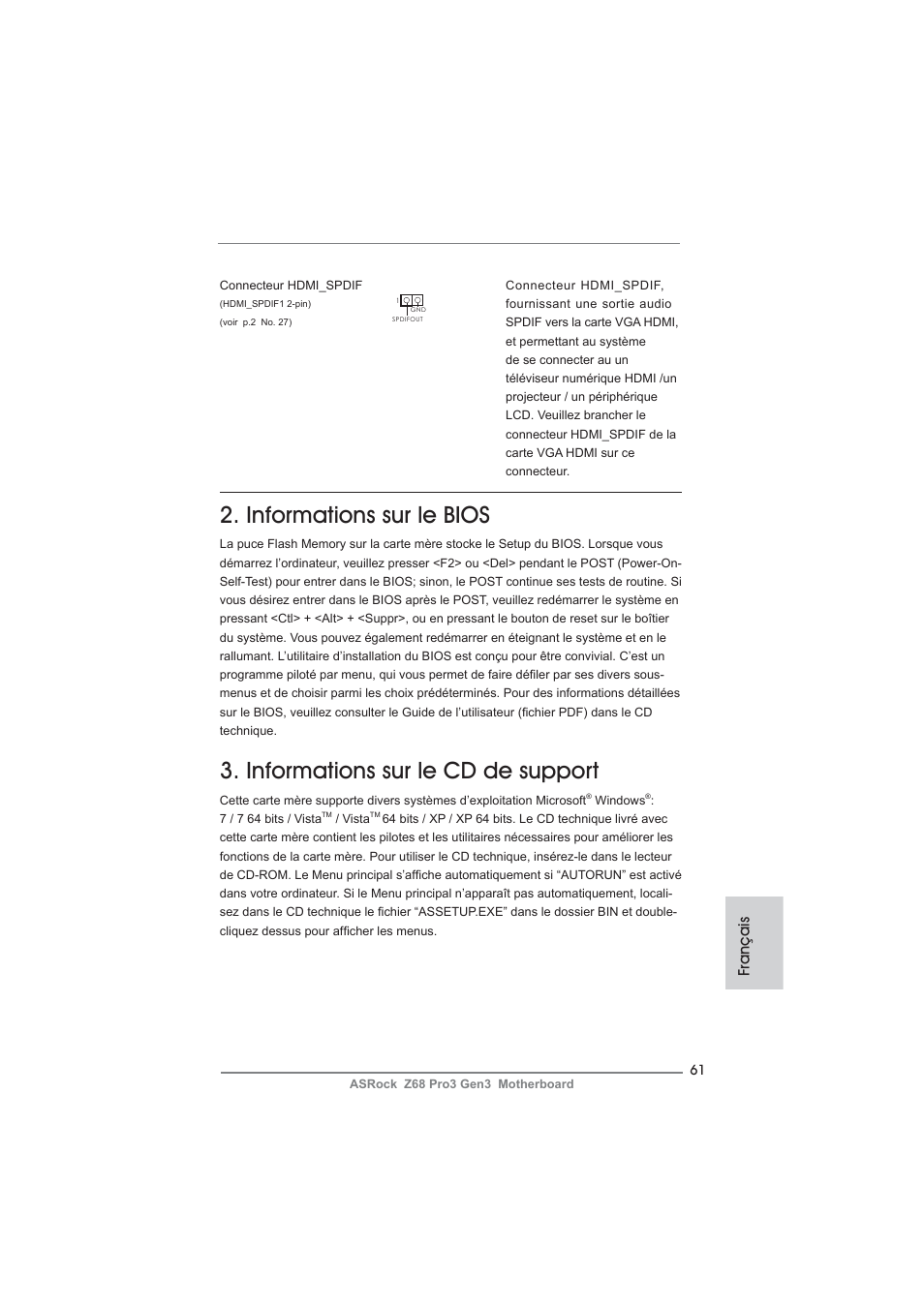 Informations sur le bios, Informations sur le cd de support, Français | ASRock Z68 Pro3 Gen3 User Manual | Page 61 / 191