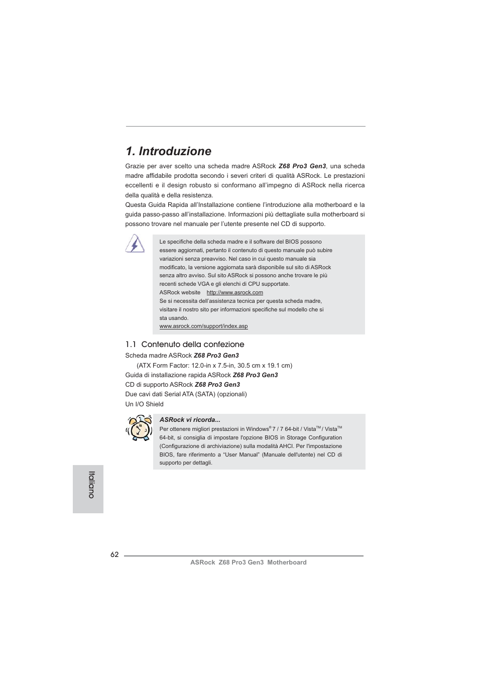Italian, Introduzione, 1 contenuto della confezione | Italiano | ASRock Z68 Pro3 Gen3 User Manual | Page 62 / 191