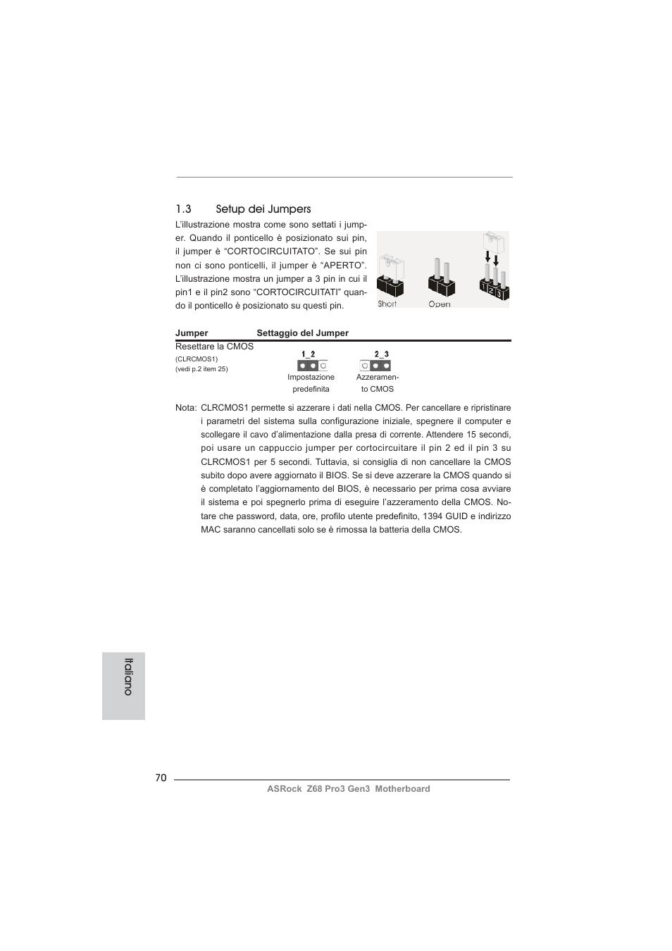 3 setup dei jumpers, Italiano | ASRock Z68 Pro3 Gen3 User Manual | Page 70 / 191