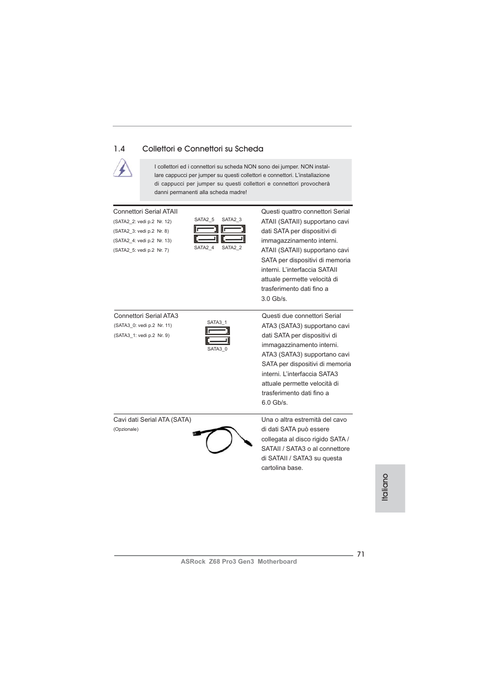 Italiano, 4 collettori e connettori su scheda | ASRock Z68 Pro3 Gen3 User Manual | Page 71 / 191