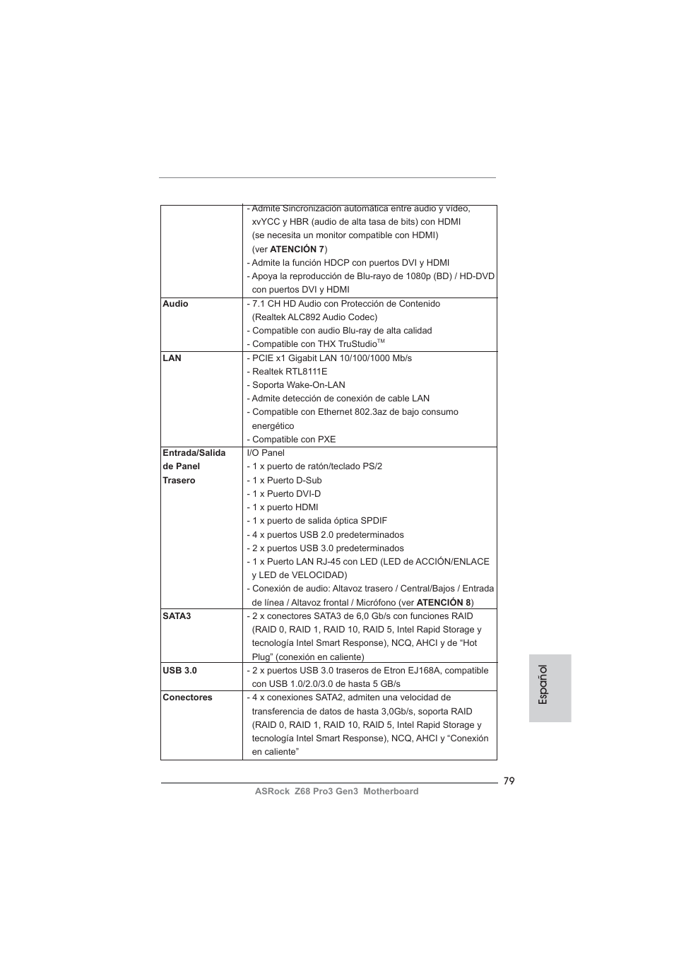 Español | ASRock Z68 Pro3 Gen3 User Manual | Page 79 / 191