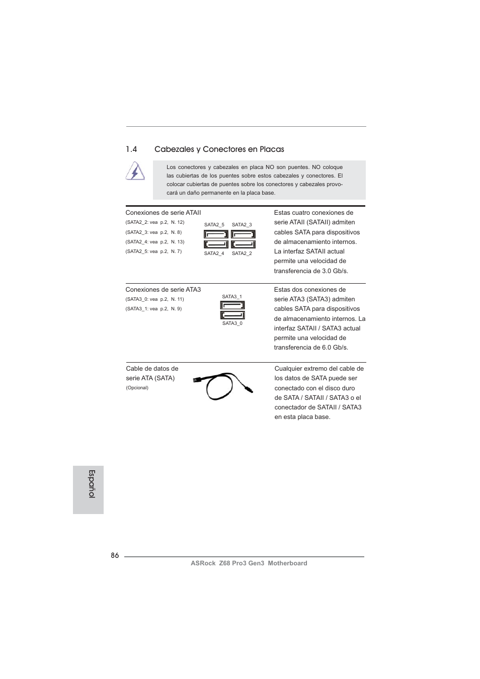 Español 1.4 cabezales y conectores en placas | ASRock Z68 Pro3 Gen3 User Manual | Page 86 / 191