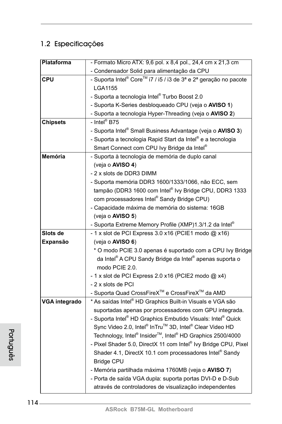 2 especificações, Por tuguês | ASRock B75M-GL User Manual | Page 114 / 203