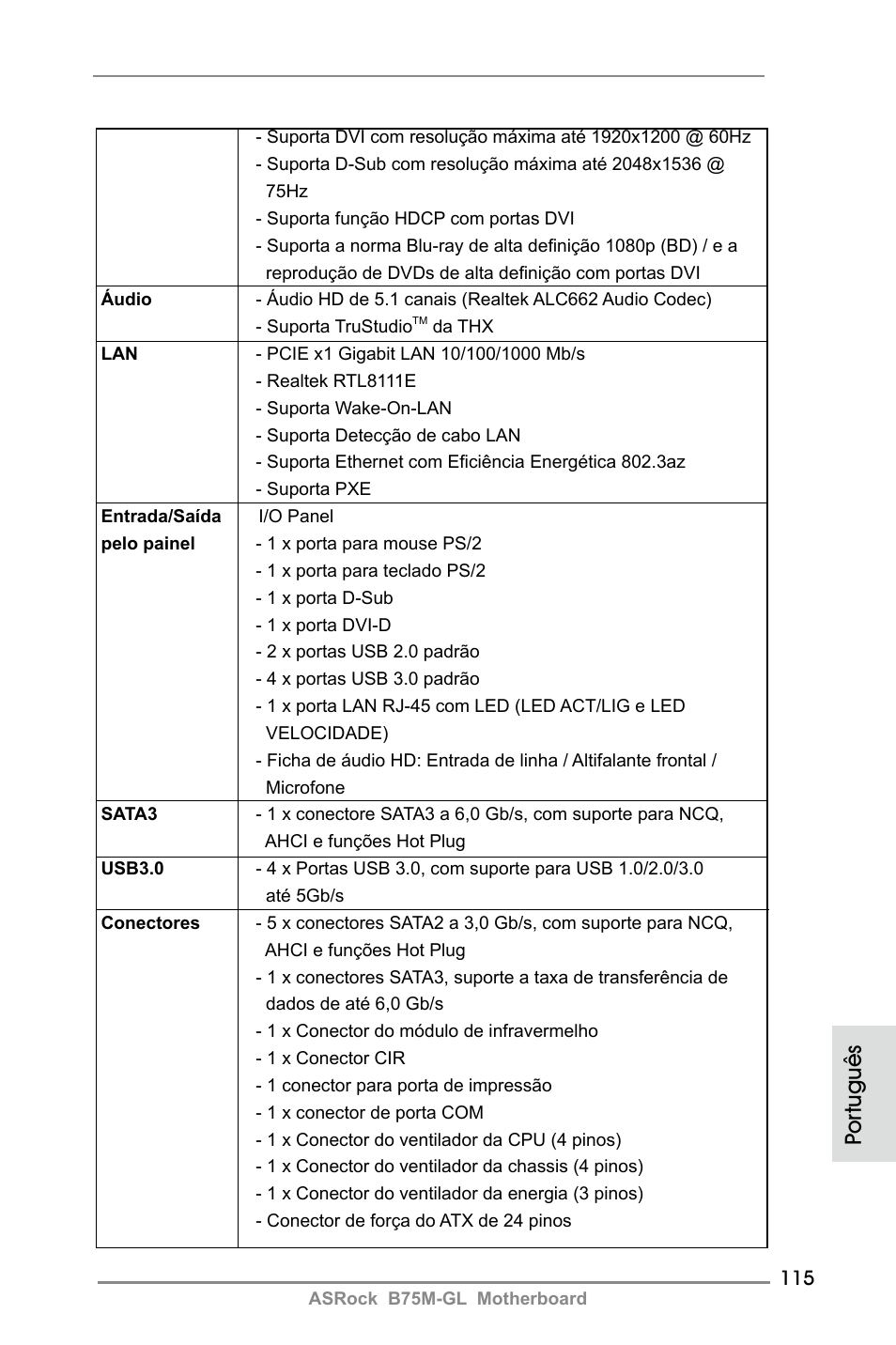 Por tuguês | ASRock B75M-GL User Manual | Page 115 / 203