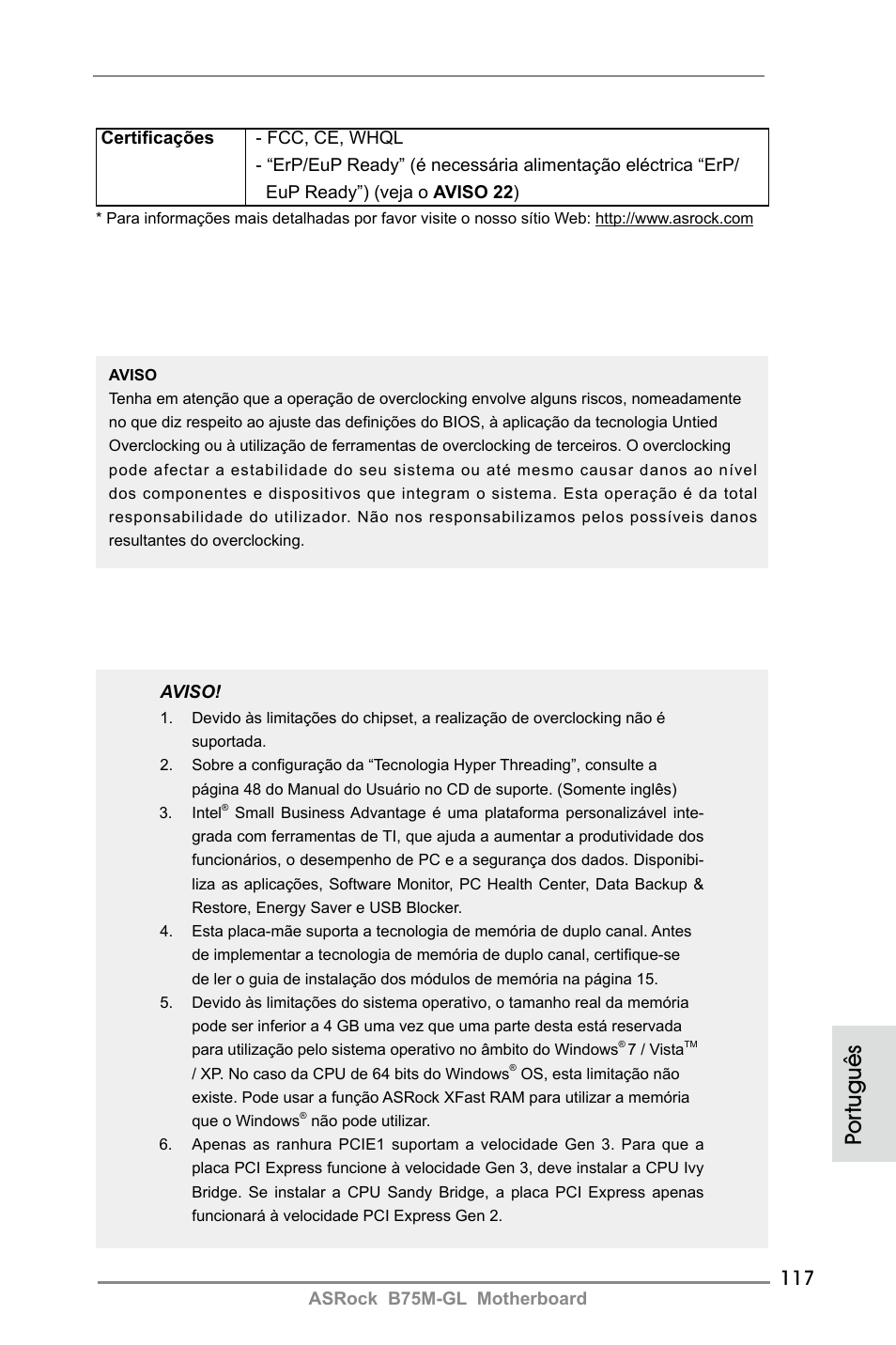 Por tuguês | ASRock B75M-GL User Manual | Page 117 / 203