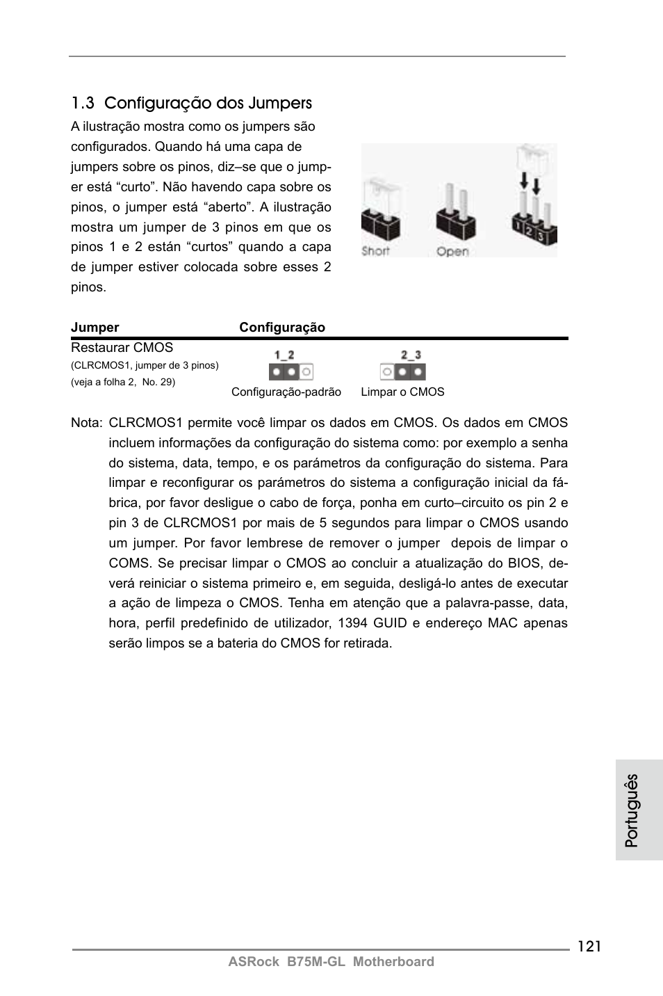 3 configuração dos jumpers, Por tuguês | ASRock B75M-GL User Manual | Page 121 / 203