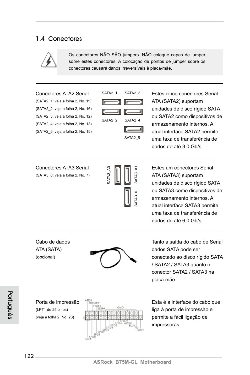 4 conectores, Por tuguês | ASRock B75M-GL User Manual | Page 122 / 203
