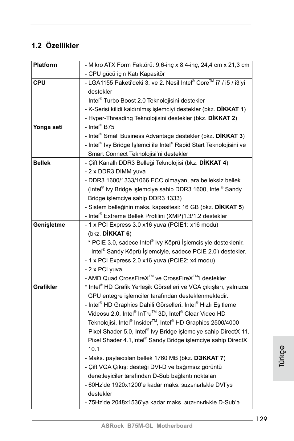 2 özellikler, Türkçe | ASRock B75M-GL User Manual | Page 129 / 203
