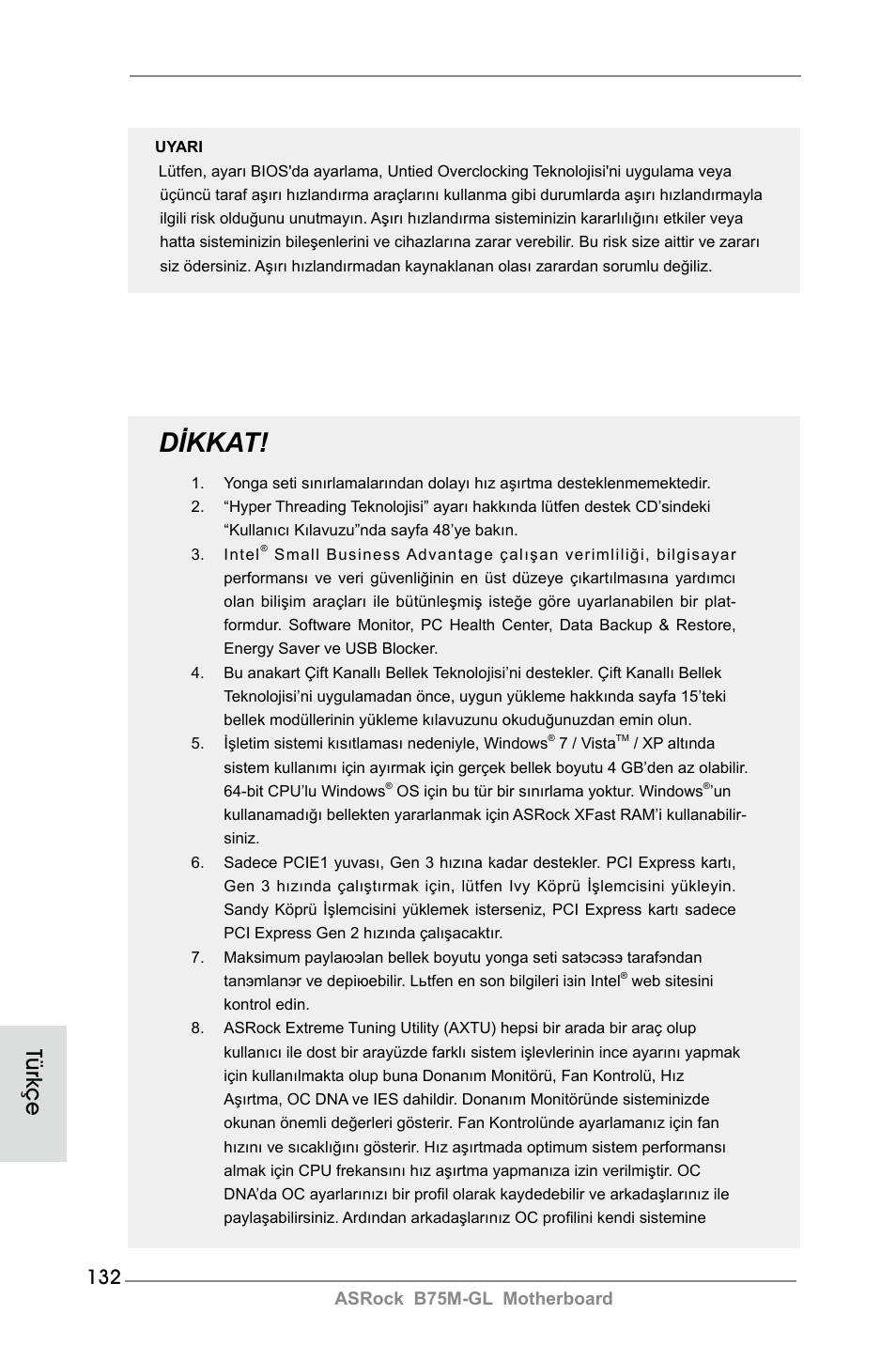 Dikkat, Türkçe | ASRock B75M-GL User Manual | Page 132 / 203