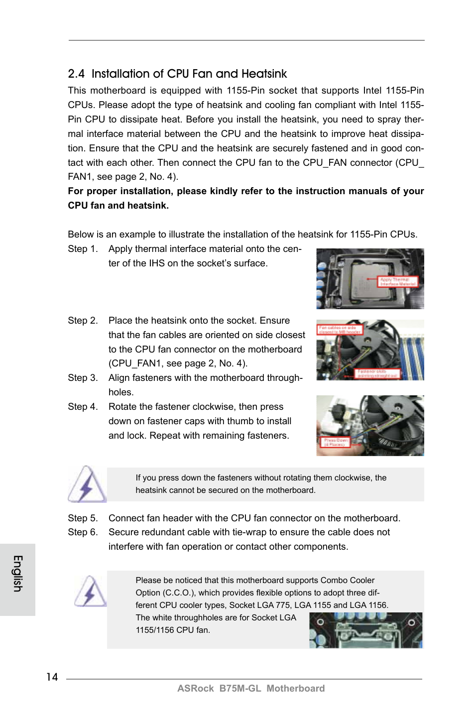 English 2.4 installation of cpu fan and heatsink | ASRock B75M-GL User Manual | Page 14 / 203