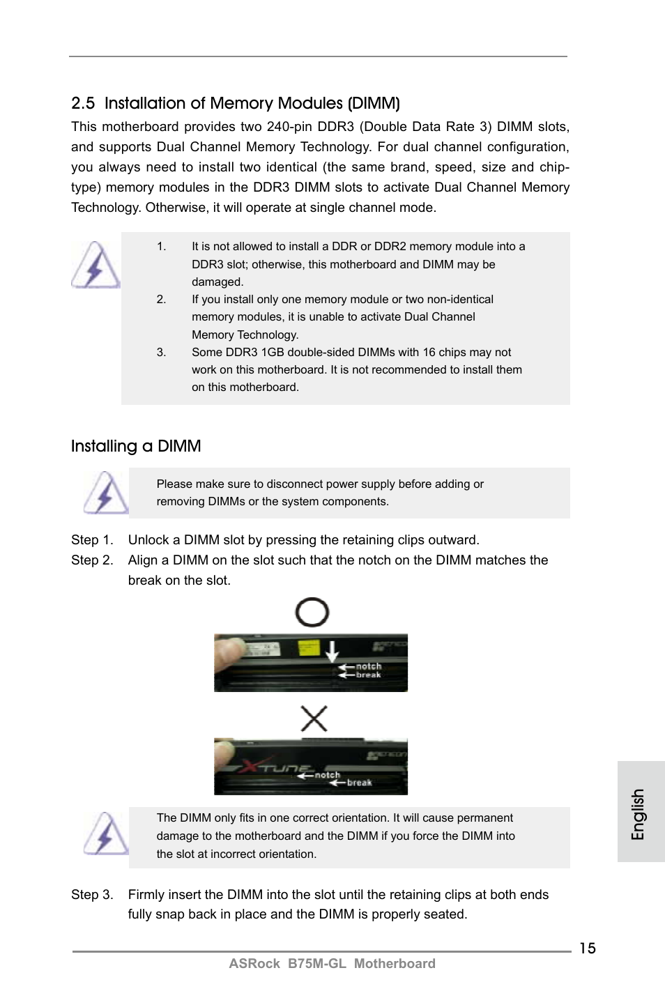 Installing a dimm | ASRock B75M-GL User Manual | Page 15 / 203