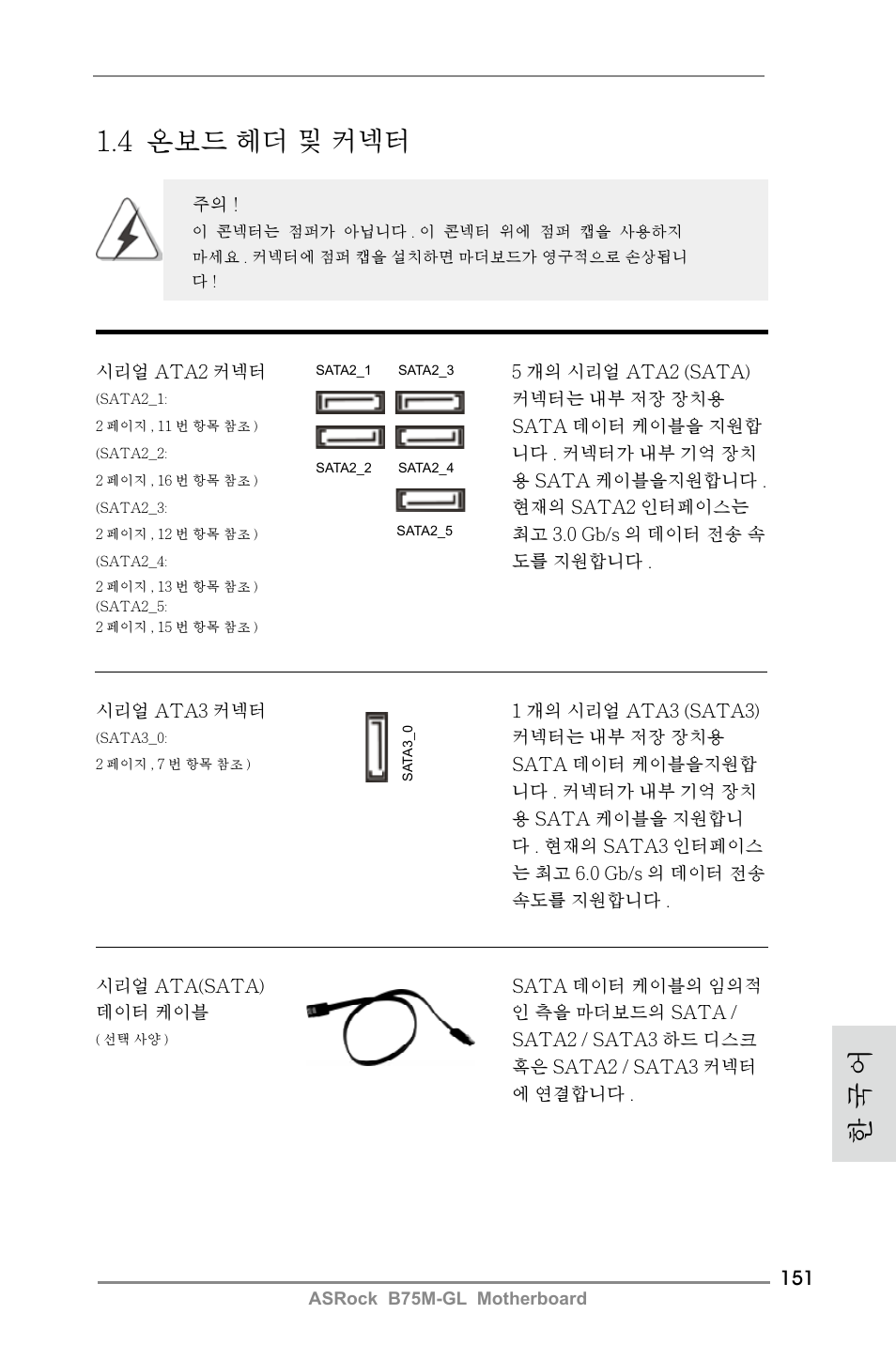 4 온보드 헤더 및 커넥터, 한 국 어 | ASRock B75M-GL User Manual | Page 151 / 203