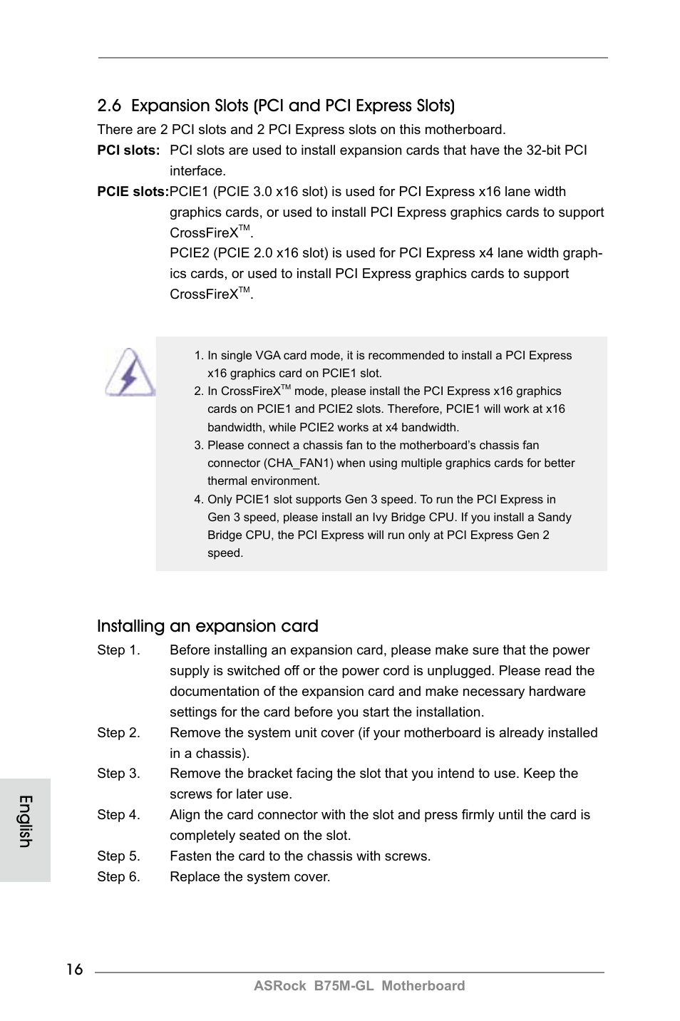 Installing an expansion card | ASRock B75M-GL User Manual | Page 16 / 203