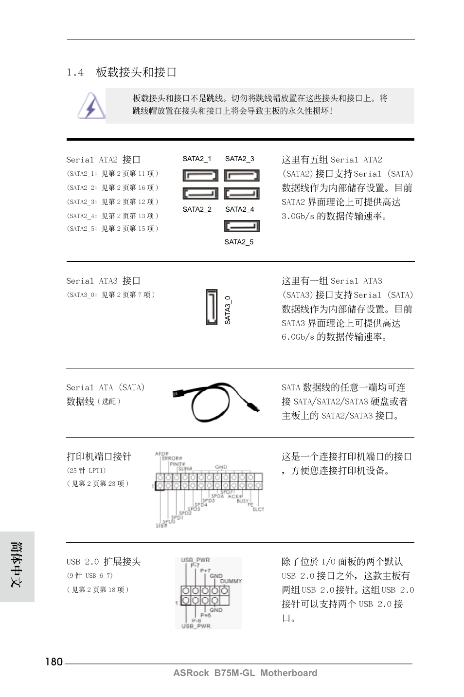 4 板載接頭和接口, 簡體中文 | ASRock B75M-GL User Manual | Page 180 / 203