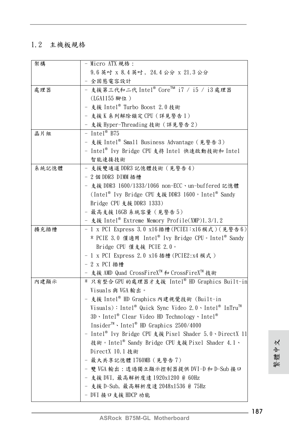 2 主機板規格, 繁體中文 | ASRock B75M-GL User Manual | Page 187 / 203