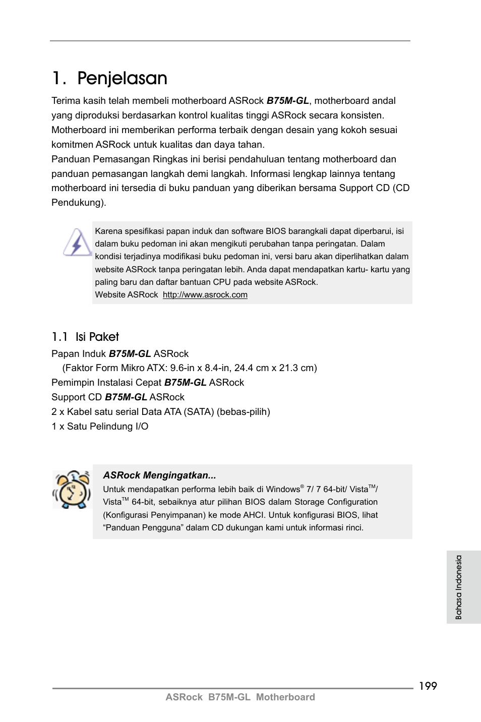 Indonesian, Penjelasan, 1 isi paket | ASRock B75M-GL User Manual | Page 199 / 203