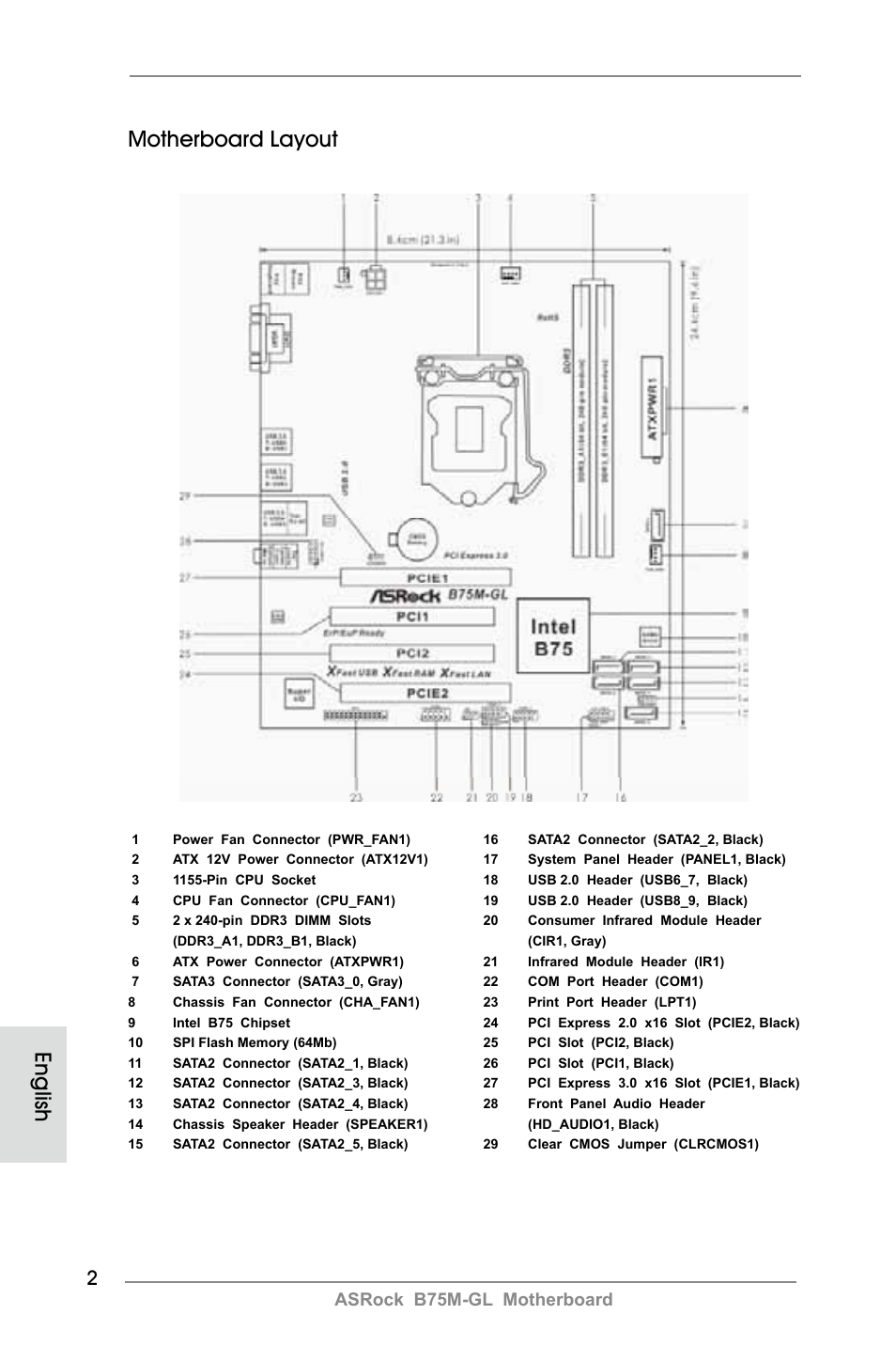 English motherboard layout, Asrock b75m-gl motherboard | ASRock B75M-GL User Manual | Page 2 / 203