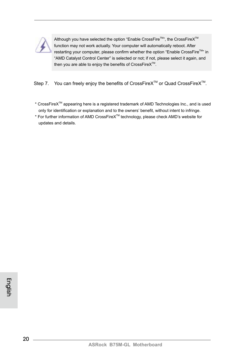 English, Asrock b75m-gl motherboard, Or quad crossfirex | ASRock B75M-GL User Manual | Page 20 / 203