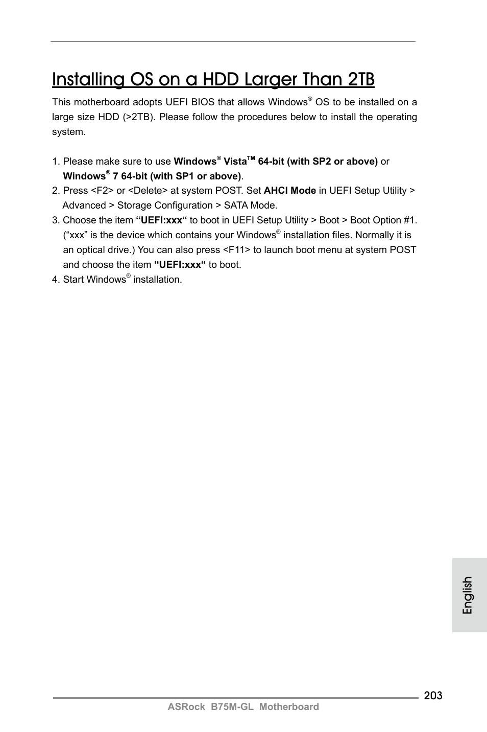 Installing os on a hdd larger than 2tb, English | ASRock B75M-GL User Manual | Page 203 / 203