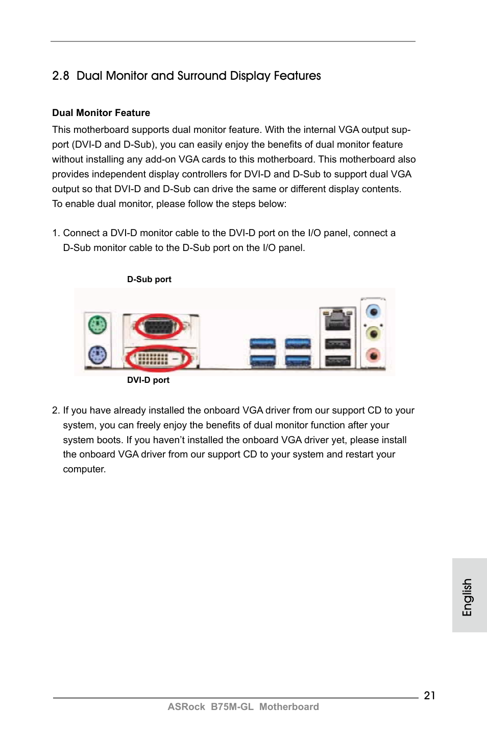 English, 8 dual monitor and surround display features | ASRock B75M-GL User Manual | Page 21 / 203