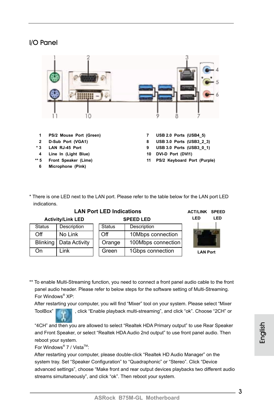 English i/o panel, Asrock b75m-gl motherboard, Lan port led indications | ASRock B75M-GL User Manual | Page 3 / 203
