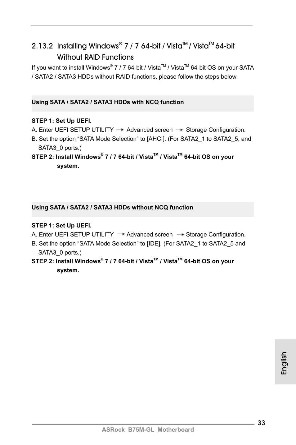 2 installing windows, 7 / 7 64-bit / vista, Vista | Bit without raid functions, English | ASRock B75M-GL User Manual | Page 33 / 203