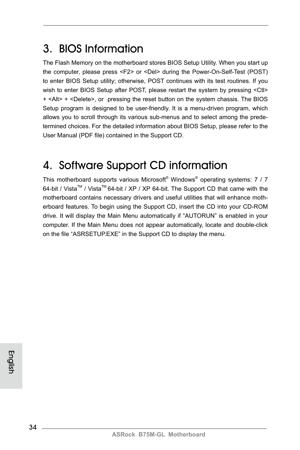 Bios information, Software support cd information, English | ASRock B75M-GL User Manual | Page 34 / 203