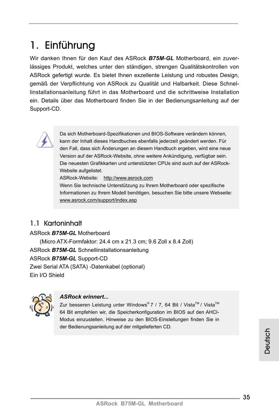 German, Einführung, 1 kartoninhalt | Deutsch | ASRock B75M-GL User Manual | Page 35 / 203