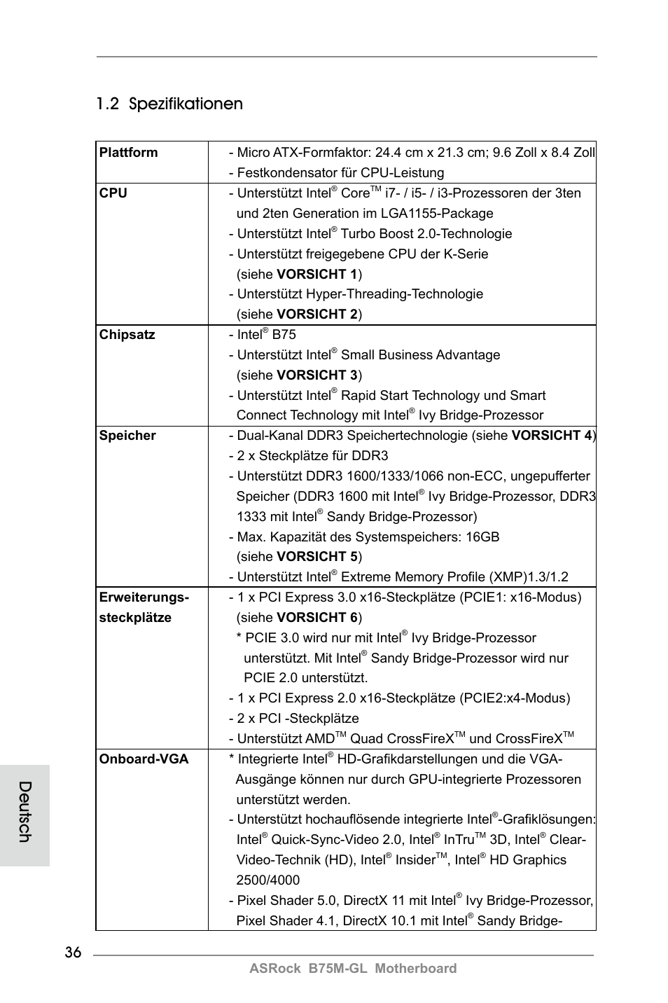 2 spezifikationen, Deutsch | ASRock B75M-GL User Manual | Page 36 / 203